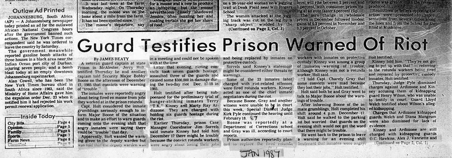 Guard Testifies Prison Warned of Riot January 1987